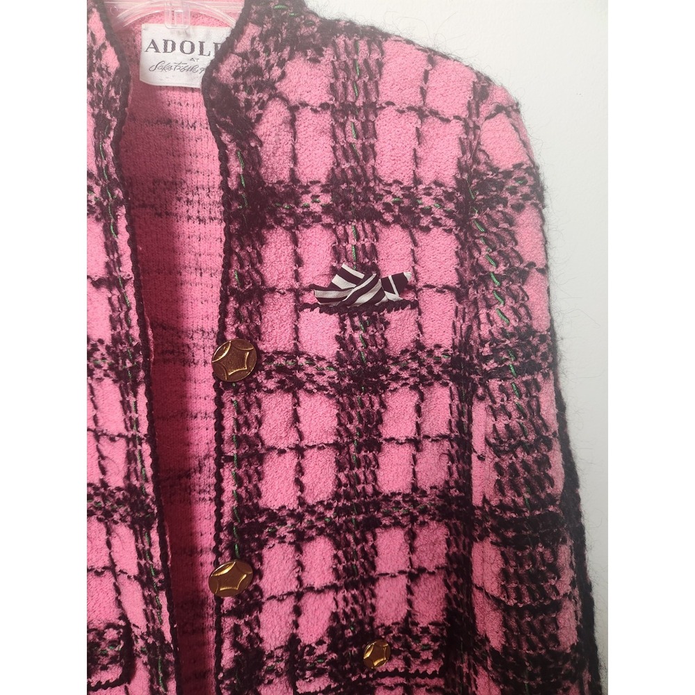 Adolpho Pink and Black Wool Plaid Jacket Gold Buttons Vtg Sweater Med Union Made - Picture 5 of 16